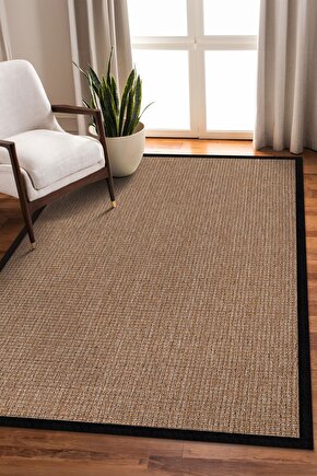 0465-Siyah Kumaş Bordür Sisal Halı Kilim Hav Toz Vermez Kolay Temizlenen Hasır Kilim