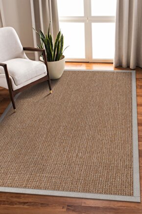 0465-Krem Kumaş Bordür Sisal Halı Kilim Hav Toz Vermez Kolay Temizlenen Hasır Kilim