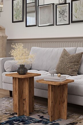 2li T Sehpa Seti | Ahşap Modern Koltuk Yanı Zigon Sehpa | Salon Ofis Dekoratif Orta Sehpa Seti