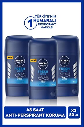 MEN Erkek Stick Deodorant Fresh Active 50ml, 48 Saat Koruma, X3 Adet