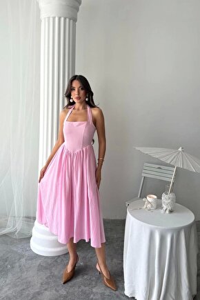 Pembe Boyundan Bağlamalı Keten Elbise