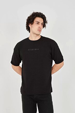 Unisex Jakar Kumaş Rahat Kol T-shirt - Siyah