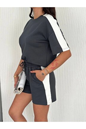 eyesof Osy Modal Yumuşak Dokulu Kumaş Parçalı Bisiklet Yaka T-shirt Kısa Şort İkili Takım - Antrasit