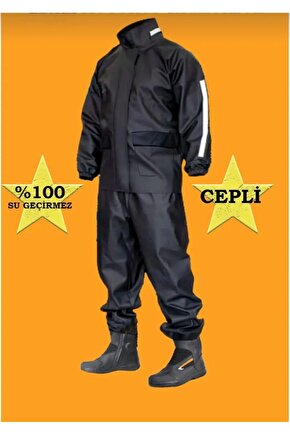 Unisex Tam Kalıp Motorcu Cepli Kurye Su Gecirmez Yağmurluk Takım - Siyah