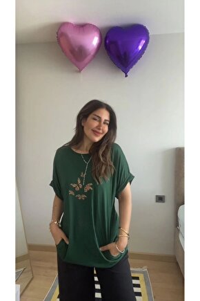 Kadın Kısa Kollu Bisiklet Yaka Cepli Kelebek Baskılı Viskon Elbise
