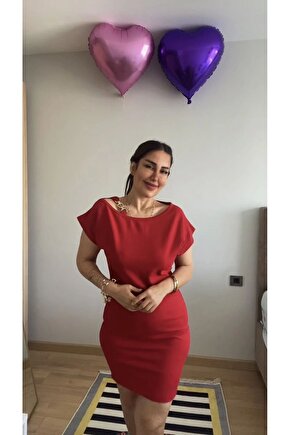 Kadın Kısa Kollu Tek Omuz Askı Ve Aksesuar Detay Beli Lastikli Krep Elbise