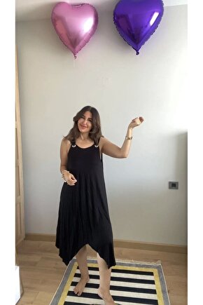 Kadın Askılı Yuvarlak Yaka Kuş Gözü Detaylı Asimetrik Viskon Elbise