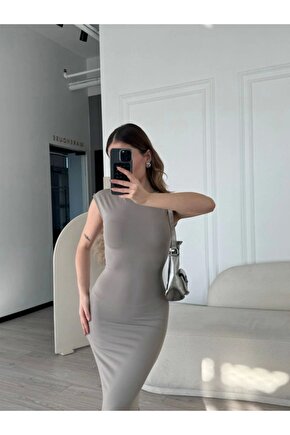 Moda Shop & Butik Kolsuz Uzun Likralı Elbise - Gri