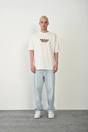 Unisex Bisiklet Yaka Baskılı Oversize T-Shirt - Beyaz