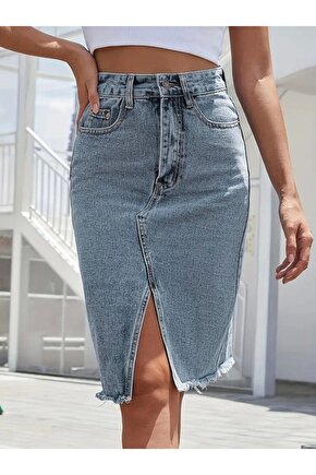 Kadın Elastik Bel Yırtık Kenar Detaylı Kot Etek
