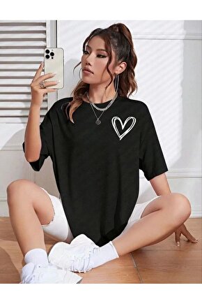 Kadın Bisiklet Yaka Baskılı Oversize T-Shirt - Siyah