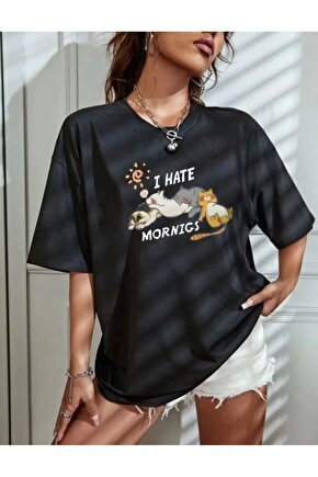 Kadın Bisiklet Yaka Baskılı Oversize T-Shirt - Siyah