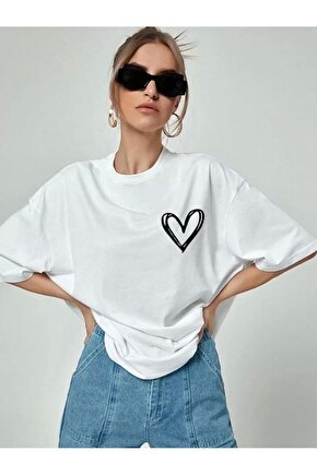 Kadın Bisiklet Yaka Baskılı Oversize T-Shirt - Beyaz