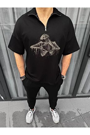 Mottisfashion Unisex Yarım Fermuarlı Baskılı Oversize T-shirt - Siyah