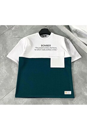 Unisex Torba Cep Detaylı Parçalı T-shirt - Lacivert