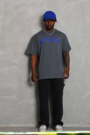 Unisex Oversize Baskılı Bisiklet Yaka T-Shirt - Füme