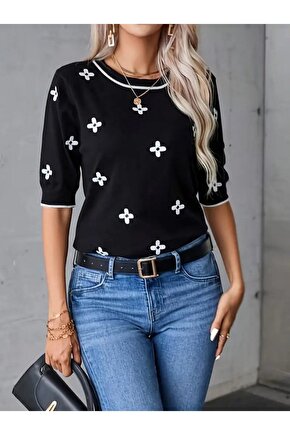 Moda Shop & Butik Kadın Kısa Kollu Çiçek Desen Bluz