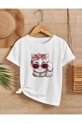 Kız Çocuk Bisiklet Yaka Baskılı T-Shirt - Beyaz