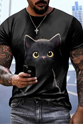 Moda Shop & Butik Erkek Bisiklet Yaka Kedi Baskılı Süprem T-shirt