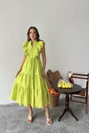 Moda Shop & Butik Yağ Yeşili Fırfırlı Düğmeli Elbise