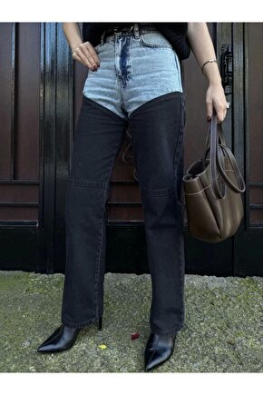 Kadın Jeans Kot Parçalı Palazzo Pantolon - Siyah