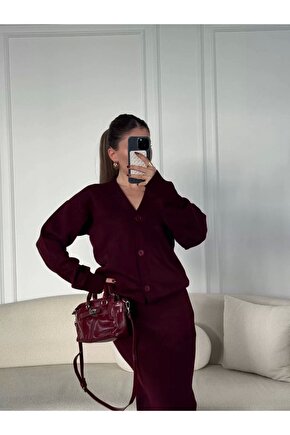 V Yaka 3 Düğmeli Hırka Takım Triko Ikili Etekli - Bordo