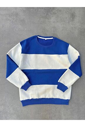 Parçalı Bisiklet Yaka Baskılı SweatShirt - Mavi