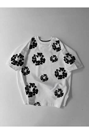 Moda Shop & Butik Ön Ve Arka Baskılı Oversize Bisiklet Yaka T-shirt- Beyaz