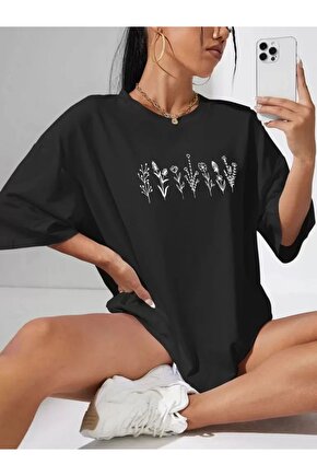 Kadın Baskılı Oversize T-shirt - Siyah