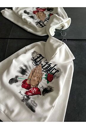 Üç Iplik Penye Uzun Kol Kapüşonlu Baskılı Sweatshirt - Beyaz