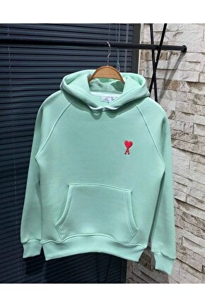 Unisex Kapşonlu Baskılı Sweetshirt - Mint Yeşili