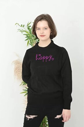 Moda Shop & Butik Baskılı Uzun Kol Yarım Boğazlı Dokuma Triko - Siyah