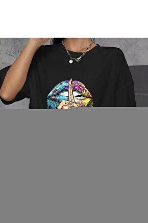 Unisex Bisiklet Yaka Baskılı Oversize T-Shirt - Beyaz