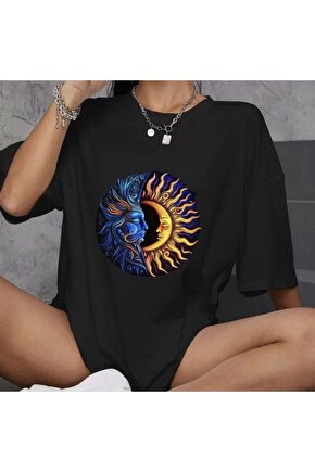 Unisex Bisiklet Yaka Baskılı Oversize T-Shirt - Siyah