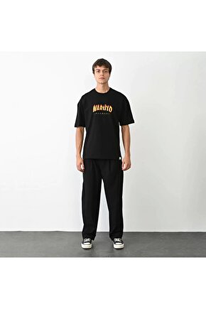 Unisex Bisiklet Yaka Baskılı Oversize T-Shirt - Siyah