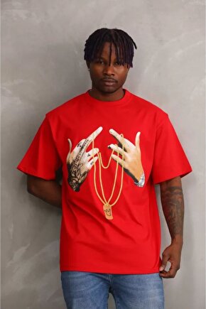 Mottisfashion Unisex Baskılı Oversize T-shirt - Kırmızı
