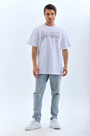 Moda Shop & Butik Unisex Oversize Taşlı Bisiklet Yaka T-shirt - Beyaz