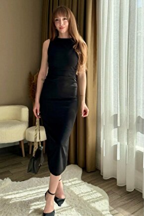 Equri Kadın Sıfır Kol Sıfır Yaka Drape Detaylı Midi Janjan Krep Elbise