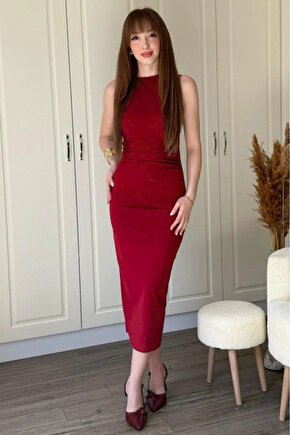 Equri Kadın Sıfır Kol Sıfır Yaka Drape Detaylı Midi Janjan Krep Elbise