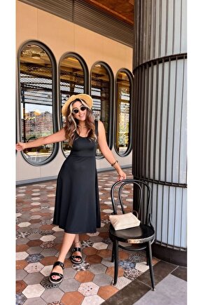 Kadın Askılı Kare Yakalı Midi Ithal Krep Elbise