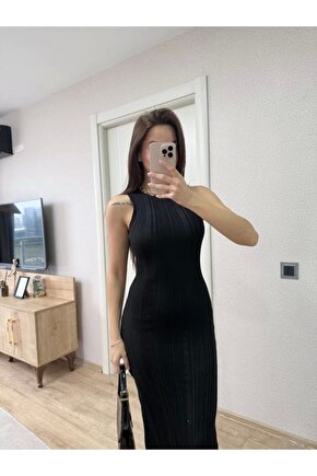 Fitilli Triko Elbise Kolsuz Sırtı Kapalı Maxi Uzun Boy - Siyah