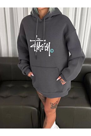 Üç Iplik Kapşonlu Baskılı Sweatshirt - Füme
