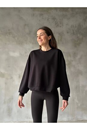 Osy Modal Yumuşak dokulu Kumaş Bisiklet Yaka Oversize Sweatshirt - Siyah