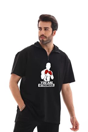 Moda Shop & Butik Unisex Yarım Fermuarlı Oversize Baskılı T-shirt - Siyah