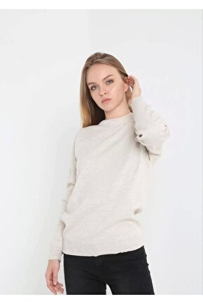 Unisex Uzun Kol Biskilet Yaka Dokuma Triko - Bej