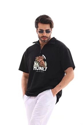 Moda Shop & Butik Unisex Yarım Fermuarlı Oversize Baskılı T-shirt - Siyah