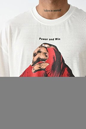 Unisex Bisiklet Yaka Baskılı Oversize T-Shirt - Beyaz