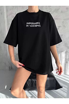 Unisex Bisiklet Yaka Baskılı Oversize T-Shirt - Siyah