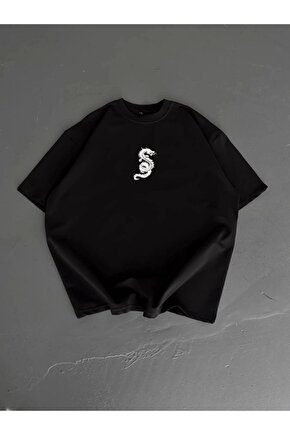 Baskılı Oversize Bisiklet Yaka T-shirt - Siyah