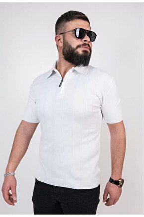 Triko Dokuma Yarım Fermuarlı Yakalı T-shirt - Beyaz